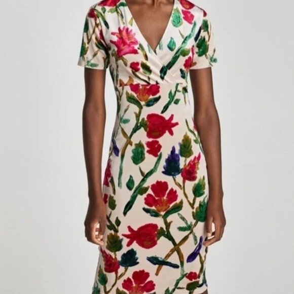 ZARA Velvet Velour Floral Midi Dress V-Neck | Size M - Picture 4 of 14